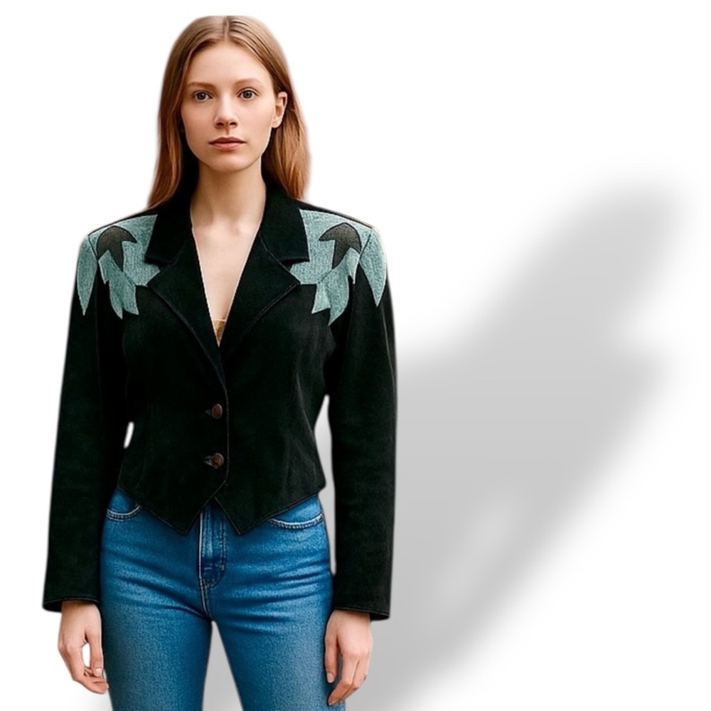 SCULLY Suede Leather Crop Jacket Teal w/Snake accents Western Rocker Glam 1980s